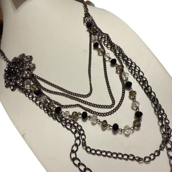 4 for $20 SALE- Flapper Style Gunmetal Layered Rhinestone Brooch Necklace - Picture 7 of 7